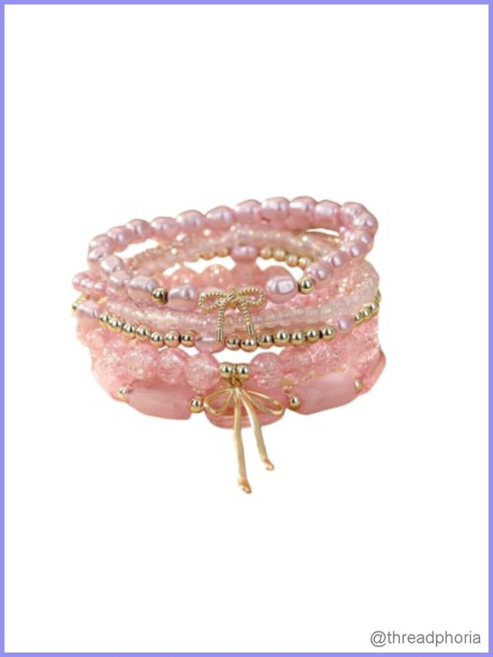 Stackable Beaded Bracelet Set with Bow Charm, Stretch, Layered Pearl & Crystal